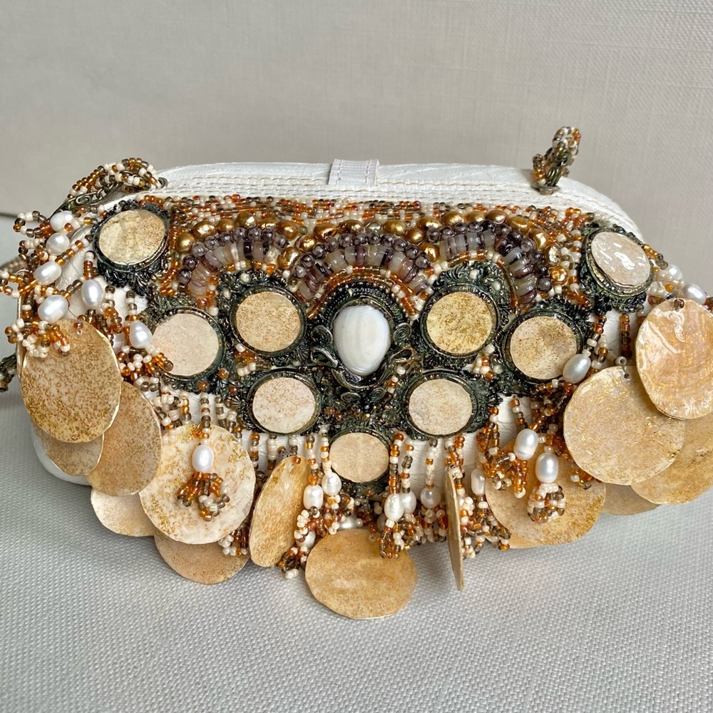 Mary Frances White and Gold Embellished Shoulder Bag